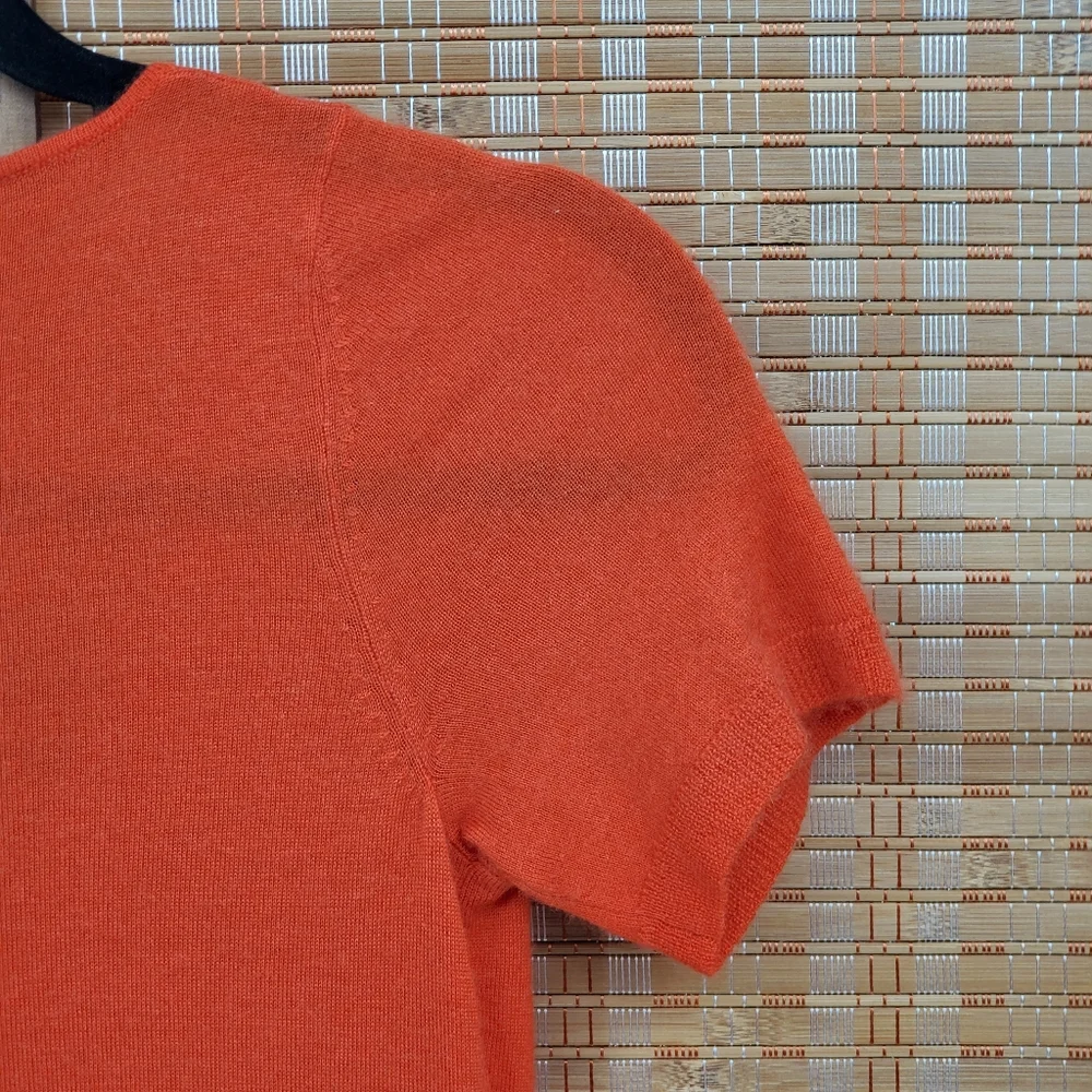 ♧ Henri Bendel Orange Cashmere Pleated Scoopneck Short Sleeve Sweater Size Small